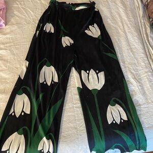 Floral Wide Leg Pants - Black and Green